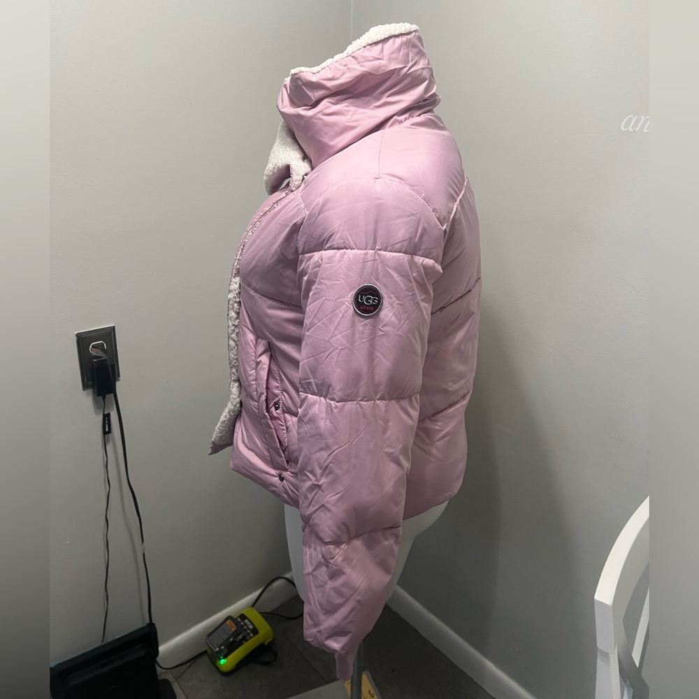 UGG Light Pink Puffer Jacket with Cream Faux Fur - Picture 2 of 8